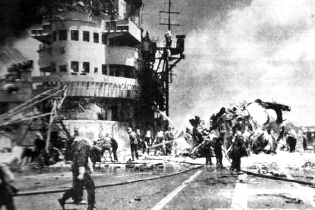 HMS Formidable after being hit by a Japanese Kamikaze suicide plane