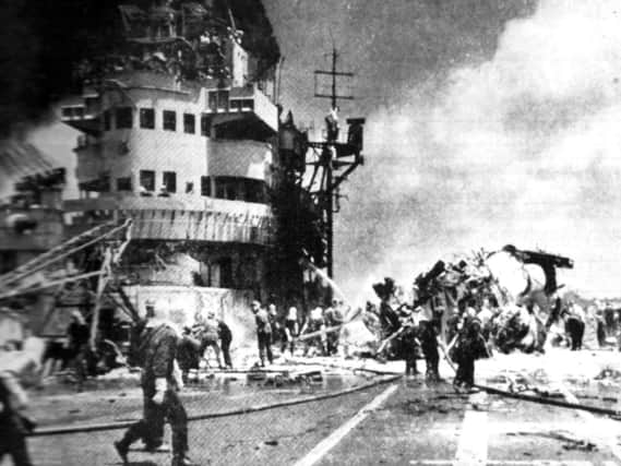 HMS Formidable after being hit by a Japanese Kamikaze suicide plane