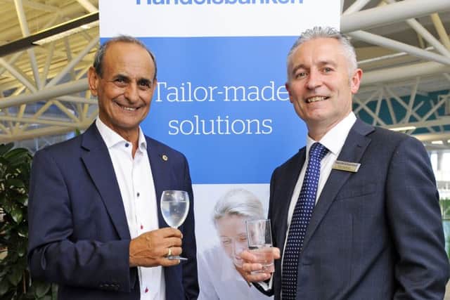 Handelsbanken celebrated 10 years of business with a drinks reception at the  Lakeside Business Lounge 2000. From left - Nick Lacobucci with manager Phil Dedman
Picture by Malcolm Wells (180425-5877)
