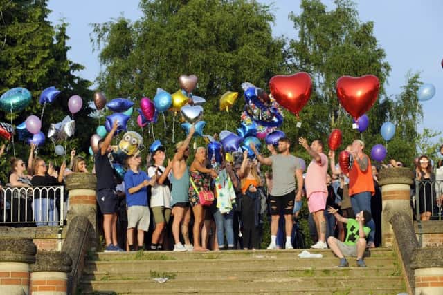 Balloons were released in memory of dad-of-one Tommy Cowan who died on Saturday at Mutiny Festival  PHOTO: Malcolm Wells  PPP-180528-214306006