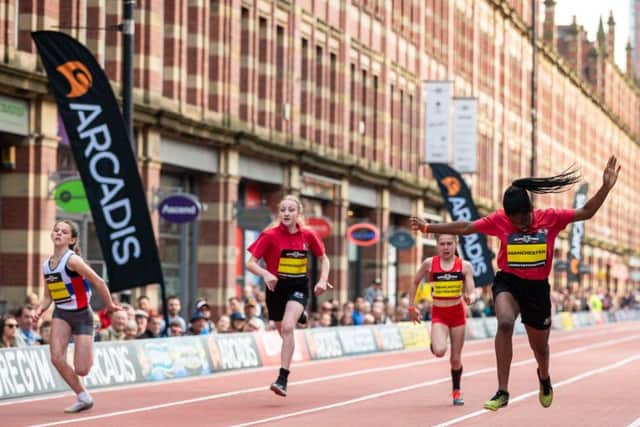 Ava Griggs, of City of Portsmouth, finishes second in the Great Schools Sprint in Manchester. Picture: Great Schools Sprint