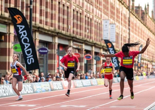 Ava Griggs, of City of Portsmouth, finishes second in the Great Schools Sprint in Manchester. Picture: Great Schools Sprint