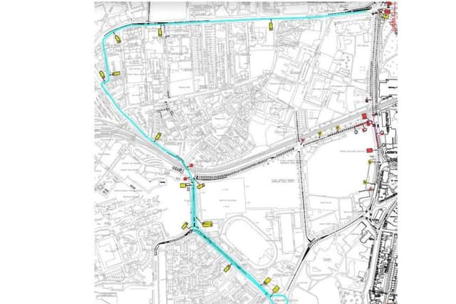 Labelled in blue, the southbound diversion which will guide traffic into the city via Queen Street, with Anglesea Road and Park Road closed. Picture: Colas