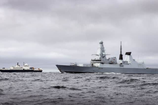 Russian ship Yantar transiting through the English Channel With Type 45 destroyer HMS Diamond. Picture: LPhot Dan Rosenbaum