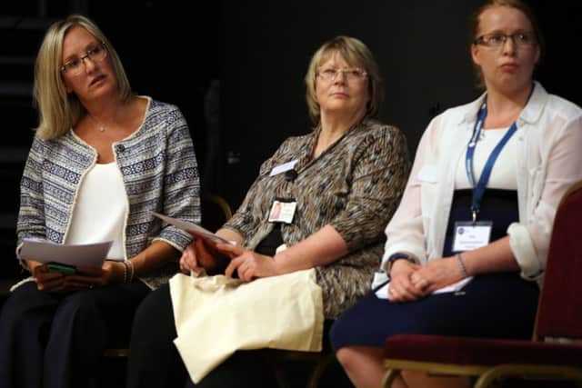 On the panel, from left, Caroline Dinenage MP, Jullie Gallagher of Hampshire County Council's trading standards team, and Amy Rutter of Gosport's Citizens Advice Bureau. Scam Smart event at Thorngate Hall, Gosport          Picture: Chris Moorhouse