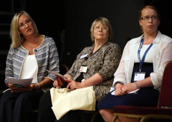 On the panel, from left, Caroline Dinenage MP, Jullie Gallagher of Hampshire County Council's trading standards team, and Amy Rutter of Gosport's Citizens Advice Bureau. Scam Smart event at Thorngate Hall, Gosport          Picture: Chris Moorhouse