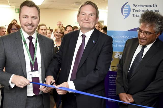 From left - Mark Cubbon, chief executive of QA Hospital,  Graham Galbraith, the vice-chancellor of the University of Portsmouth and  Professor Anoop Chauhan, director of research at QA Hospital, at the launch of the new Portsmouth Technologies Trials Unit