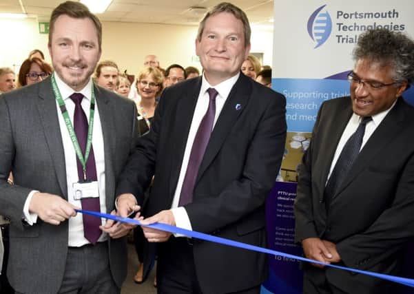From left - Mark Cubbon, chief executive of QA Hospital, Graham Galbraith, the vice-chancellor of the University of Portsmouth and Professor Anoop Chauhan, director of research at QA Hospital, at the launch of the new Portsmouth Technologies Trials Unit