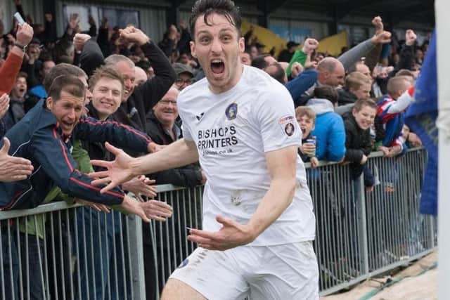 Jason Prior celebrates his winner against Concord Rangers Picture: Keith Woodland