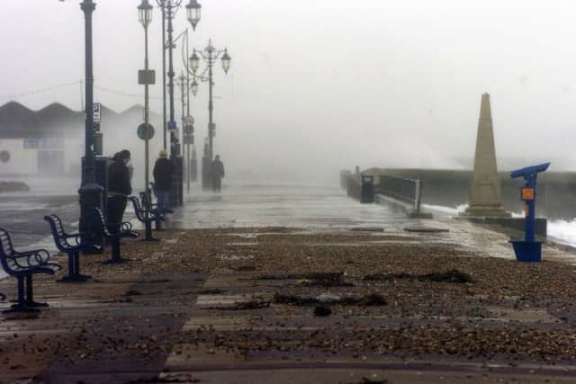Shingle and debris on a storm-lashed Southsea seafront