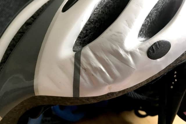 Pauline Lympany's damaged helmet