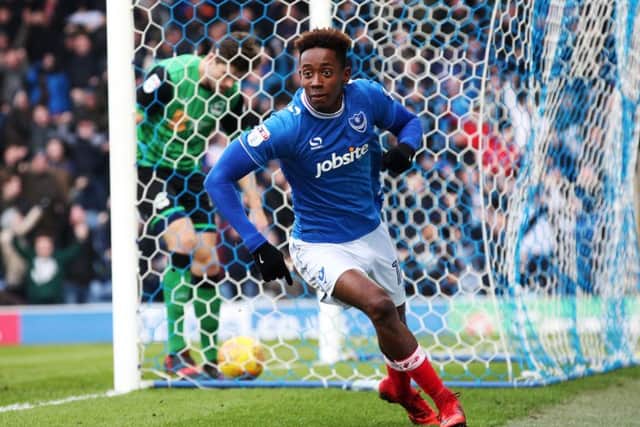 Jamal Lowe celebrates scoring against Scunthorpe last season. Picture: Joe Pepler
