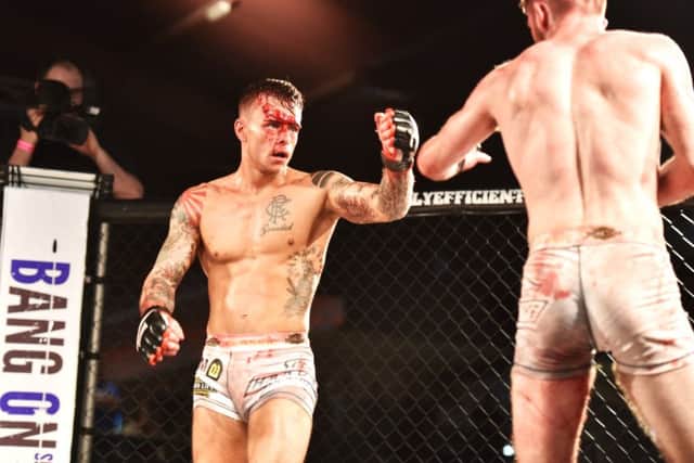 Cameron Hardy on his way to victory over Bailey Gilbert at Made4TheCage 27: Vendetta. Pictures: Angy Ellis/ Made4TheCage