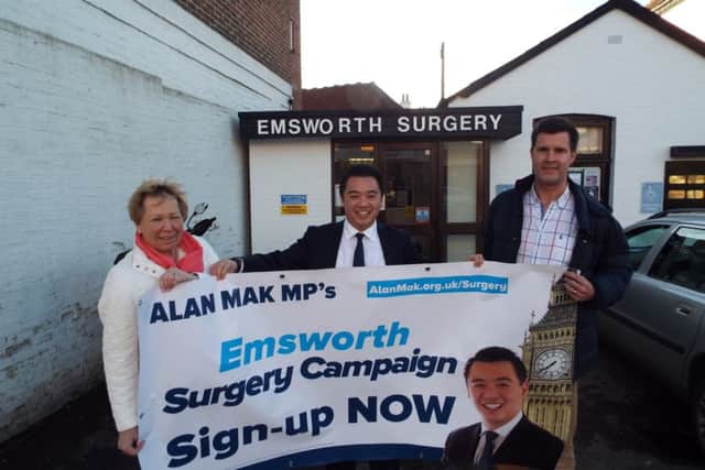 Alan Mak MP, centre, with Emsworth councillors Rivka Cresswell and Richard Kennett