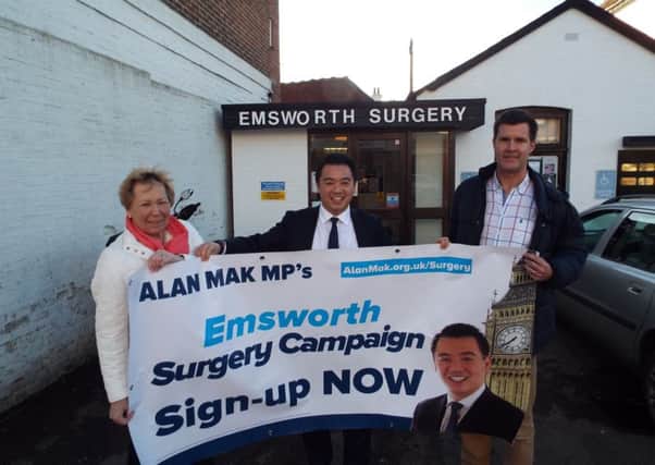 Alan Mak MP, centre, with Emsworth councillors Rivka Cresswell and Richard Kennett
