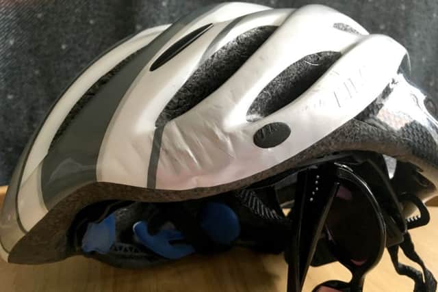The cycle  helmet that Pauline Lympanycredits with saving her life after a crash last Sunday