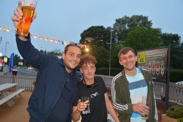 (L-r) Scott Bennett, Charlie Mullen and Jimmy Curtis celebrate England's victory