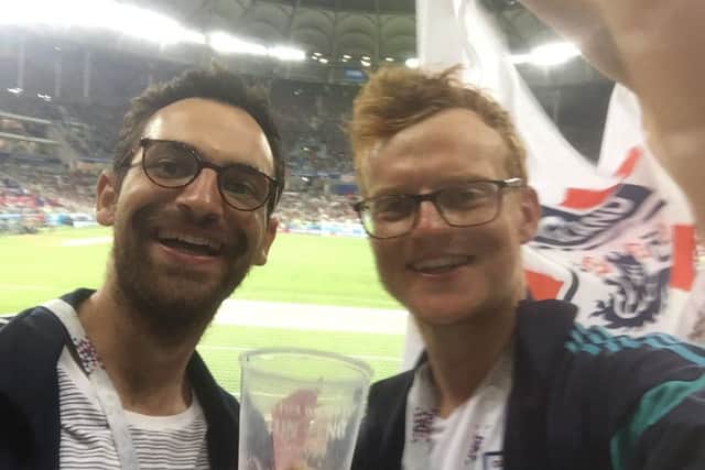 England fans Jamie Marriott and Mitchell Jones enjoying England's win in Russia on Monday night