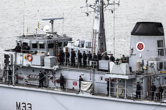 HMS Brocklesby's company unites as the vessel leaves Portsmouth Naval Base Picture: Royal Navy