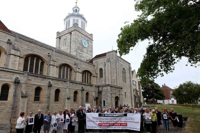 Families of the victims outside Portsmouth Cathedral for the release of Gosport Independent Panel's report into deaths at Gosport War Memorial Hospital