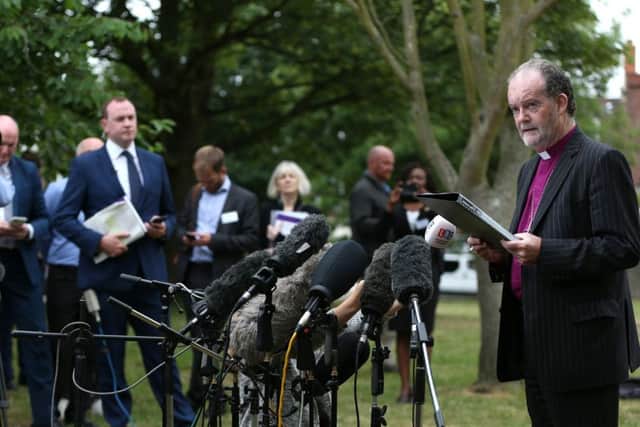 Chairman of the panel, Bishop James Jones, the former Bishop of Liverpool, speaks to the media