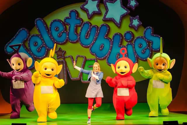 Teletubbies Live - Tinky Winky, Laa Laa, Sam (Naomi Slater) Po and Dipsy. Picture by Dan Tsantilis