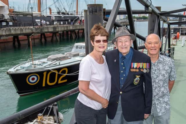 RAF Marine Craft Centenary Celebration - Charles Meacock with his daughter Kate Meacock and Son-in-law Peter Stewart with high speed launch HLS102. Charles served on HLS122 during the second world war Picture: Vernon Nash (180395-003)