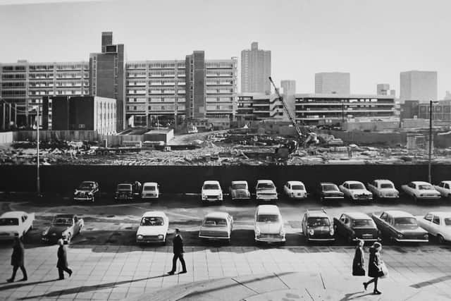 Where traffic once crossed the magnificent Guildhall Square, builders cars were parked in the 1970s as the civic offices were built.