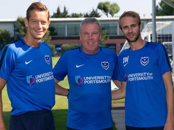 Paul Robinson, left, Kenny Jackett, centre, and Jake Wigley. Picture: Simon Hill/ Portsmouth FC
