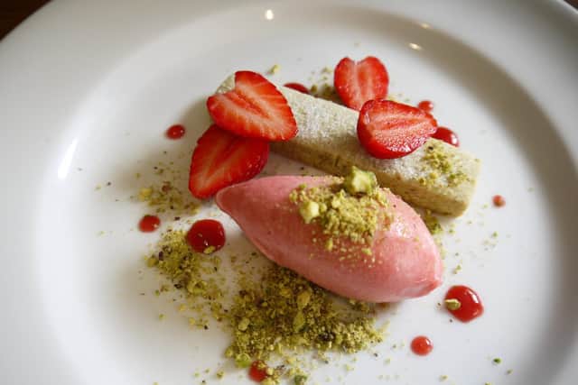 Pistachio shortbread and strawberry sorbet