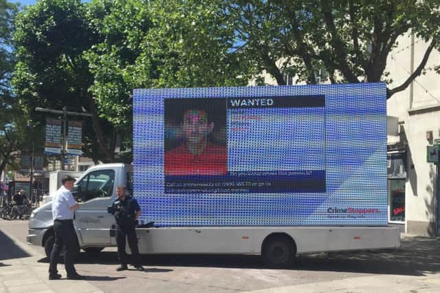 The Crimestoppers 'ad van' parked up in Commercial Road, Portsmouth. Picture: Millie Salkeld