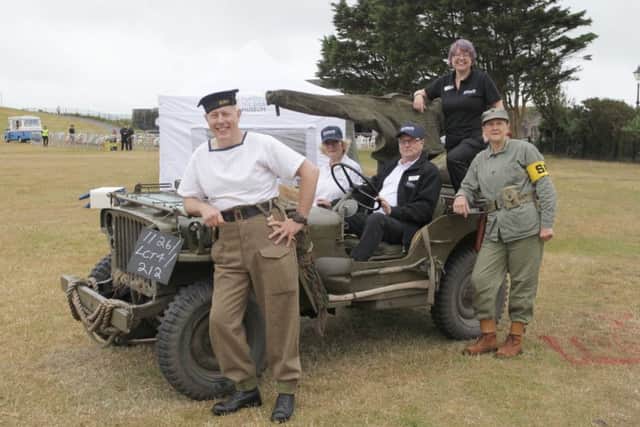 Paul Morgan, Susan Dolman, Ken Hawkins, Felicity Wood and Lorraine Barrow on a 1944 Willys Jeep in Southsea. Photo Habibur Rahman