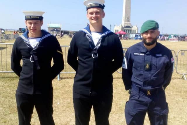 ET(ME) Hayden Patrick, left, with ET(ME) Ben Keimpema and Leading Phot Sam Seeley at Portsmouth Armed Forces Day on Southsea Common. PHOTO: David George