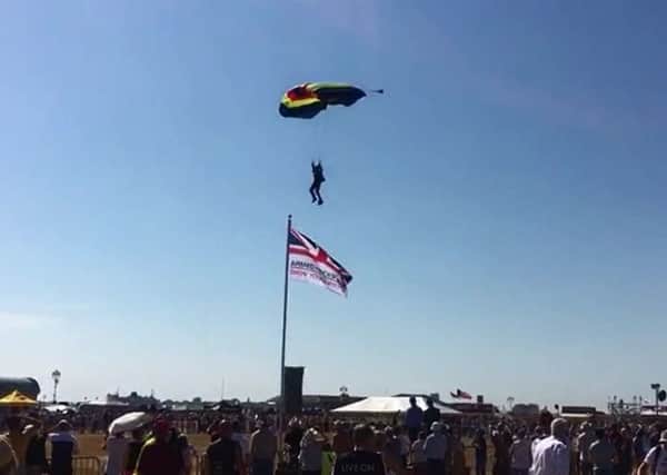 The Lightning Bolt army parachute team arrive at Armed Forces Day in Southsea Common. Picture: Ben Fishwick