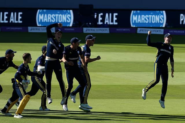 Hampshire's Mason Crane celebrates after running out Alex Blake