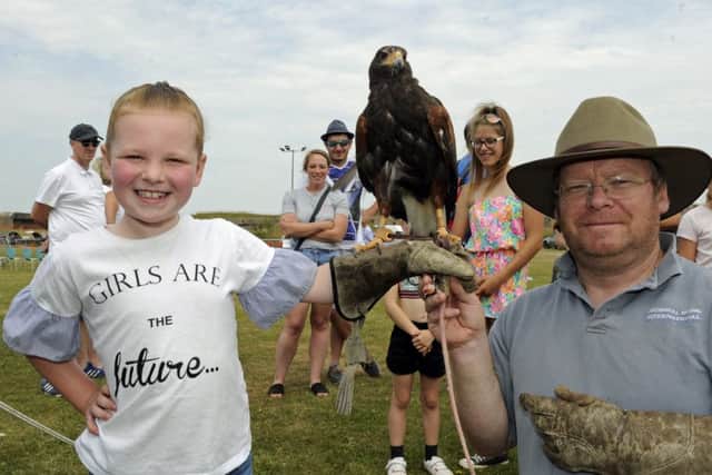 A family funday has been held at Fort Purbrook. (l to r), Millie Upfield from Waterlooville (seven), meets a bird of prey with handler Dennis Rogers from Denmead. Picture Ian Hargreaves (180701-2_fun)