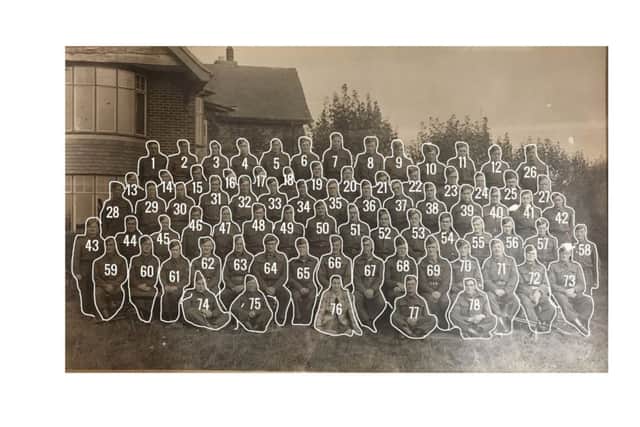 An annotated image of the Denmead and Hambledon Home Guard in August, 1944 - captured outside Jubilee House, Ashling. Can you name anyone?