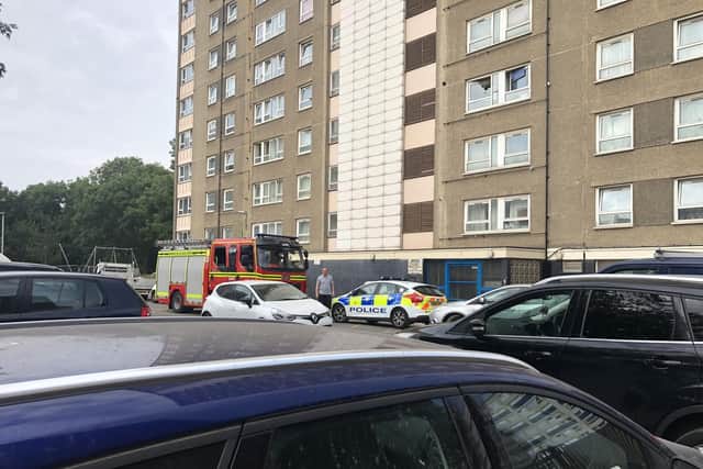 Scene outside Handsworth House, Somers Town today, after the fire last night