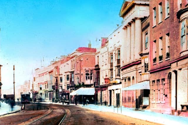 A marvellous hand-tinted view along High Street, Old Portsmouth.
