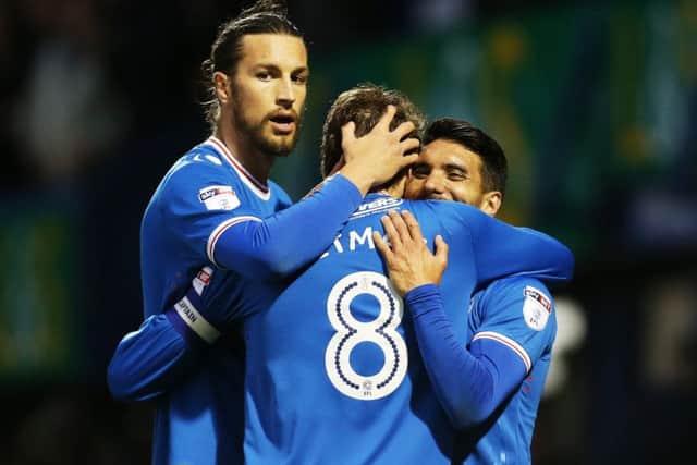 Christian Burgess congratulates Brett Pitman on a goal last season. Picture: Joe Pepler