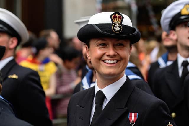 Petty Officer Samantha Kimberley-Hauff, 38, who is based at Navy Command Headquarters in Portsmouth at last year's London Pride march.