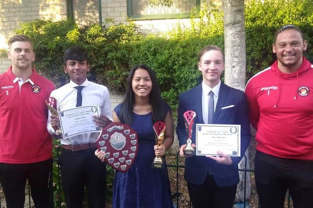 Sports Personality Award Winners Left to Right - Sam Magri (Ebbsfleet United), Zahid Alam 3rd Place, Leighanne Leonardia 1st Place, 2nd Place Alex Turgurlan, Nathan Ashmore (Ebbsfleet United)
