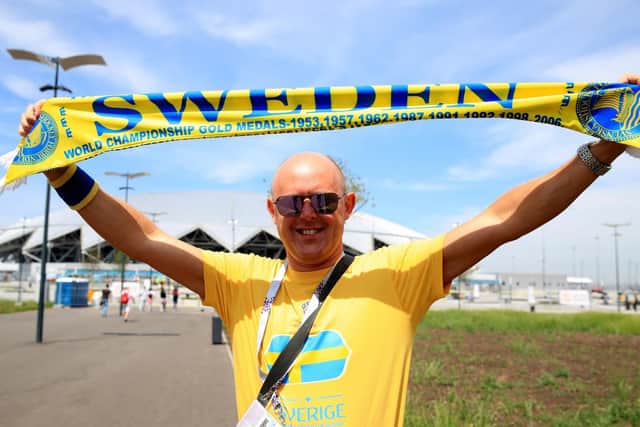 A Sweden fan shows his support before this afternoon's game at the Samara Stadium Picture: PA