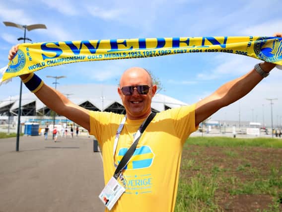 A Sweden fan shows his support before this afternoon's game at the Samara Stadium Picture: PA