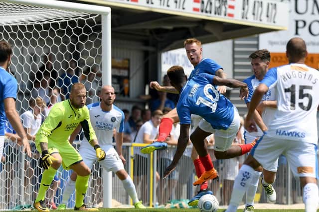 Jamal Lowe goes close for Pompey against the Hawks Picture: Neil Marshall