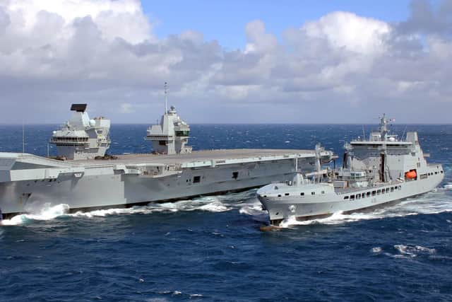 HMS Queen Elizabeth, which could one day deploy to the South China Sea, pictured during her first refuel at sea. Photo: Royal Navy