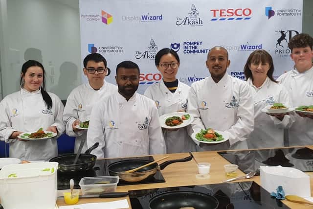 Students from Priory School, Portsmouth College and University of Portsmouth went to Pompey in the Community for a cookery lesson from Faz and Jaf Ahmed from Akash in Southsea