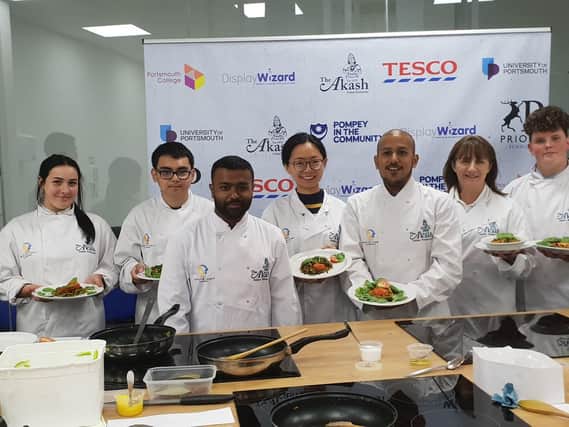 Students from Priory School, Portsmouth College and University of Portsmouth went to Pompey in the Community for a cookery lesson from Faz and Jaf Ahmed from Akash in Southsea