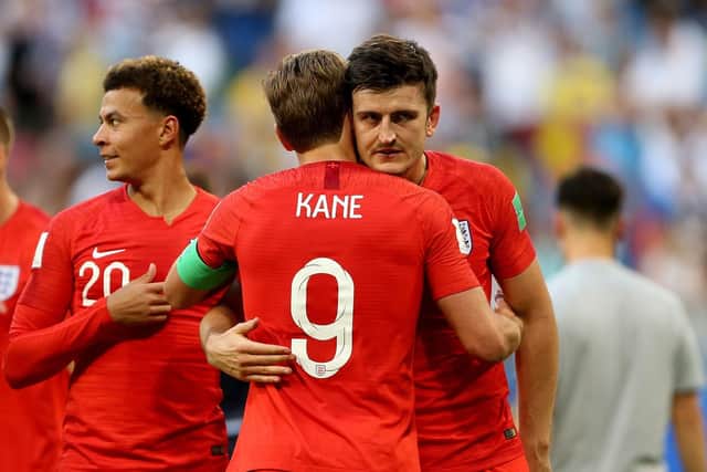Harry Kane with Harry Maguire after the final whistle in the quarter-final.