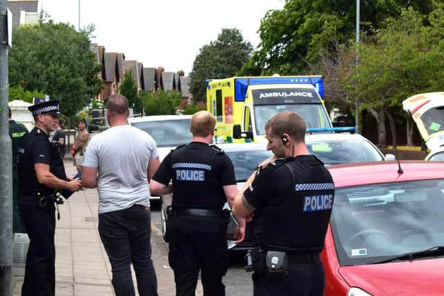 Police at the scene of the incident this afternoon in Victoria Road North, Southsea.